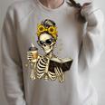 Skeleton Girl Drinking Coffee Bow Sunflower Book Lover Raglan Sleeve Sweatshirt Heather Forest