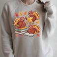 Turkey Reading Books Fall Thanksgiving Teacher Librarian Raglan Sleeve Sweatshirt Heather Forest