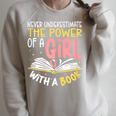 Never Underestimate Bookworm Girl Book Reader Reading Raglan Sleeve Sweatshirt Heather Forest