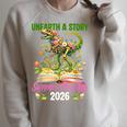 Unearth A Story T Rex Reading Book Floral Summer Reading Raglan Sleeve Sweatshirt Heather Forest
