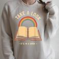 Vintage Rainbow Take a Look It's In a Book Retro Reading Art Raglan Sleeve Sweatshirt Heather Forest