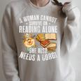 A Woman Cannot Survive On Reading Alone Corgi Book Raglan Sleeve Sweatshirt Heather Forest