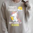 Women's 100 Chance Of Reading Book Lover Unicorn Raglan Sleeve Sweatshirt Heather Forest