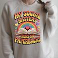 Women's My Social Battery Runs On Paperbacks Groovy Book Lover Raglan Sleeve Sweatshirt Heather Forest