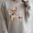 Women's Yorkie Dog Moms Iced Coffee And Books Yorkshire Terrier Raglan Sleeve Sweatshirt Heather Forest