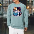 Adorable Book Lover Calico Cat With Reading Glasses Cute For Men Women Kids Raglan Sleeve Sweatshirt Cardinal