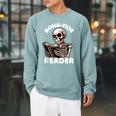 Bonafide Reader Cute Skeleton Reading a Book Lover Bookish Raglan Sleeve Sweatshirt Cardinal