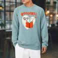 Booooks Boo Ghost Book Library Halloween Students Teachers Men Women Kids Raglan Sleeve Sweatshirt Cardinal