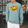 Boy Five Superhero Comic Book Hero 5th Birthday Boy 5 Years Raglan Sleeve Sweatshirt Cardinal