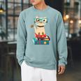 Cat Book Reader Nerd Raglan Sleeve Sweatshirt Cardinal