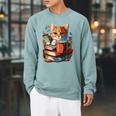 Cat Reading A Book Men Women Kids Raglan Sleeve Sweatshirt Cardinal