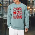 Coffee Cats And Books Lover Reading Raglan Sleeve Sweatshirt Cardinal