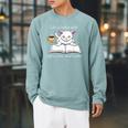 Cute Cat Book Reading Coffee Raglan Sleeve Sweatshirt Cardinal