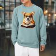 Cute Dog Corgi Reading Book Raglan Sleeve Sweatshirt Cardinal