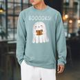 Cute Ghost Book Reading Halloween Teacher Booooks For Men Women Kids Raglan Sleeve Sweatshirt Cardinal