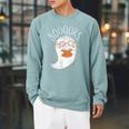 Cute Ghost Book Reading Halloween Teacher Top Raglan Sleeve Sweatshirt Cardinal