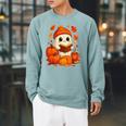 Cute Ghost Reading Book Autumn Pumpkins Cat Coffee Halloween Raglan Sleeve Sweatshirt Cardinal