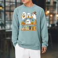 Cute Halloween Ghost Bookshelf Cat Book Lover Raglan Sleeve Sweatshirt Cardinal