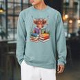 Cute Highland Cow With Book Floral Bookworm Librarian Book Raglan Sleeve Sweatshirt Cardinal