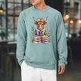 Cute Highland Cow Library Bookworm Librarian Books Reading Raglan Sleeve Sweatshirt Cardinal