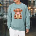Cute Highland Cow Reading Book Raglan Sleeve Sweatshirt Cardinal