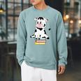 Cute Kawaii Cow Book Reading Bookworm Boys Girls Kids Raglan Sleeve Sweatshirt Cardinal