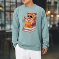 Cute Owl Reading Book And Drinking Tea Reading Rat Bookworm Raglan Sleeve Sweatshirt Cardinal