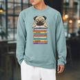 Cute Pug Dog Reading Book On Pile Of Books Raglan Sleeve Sweatshirt Cardinal Cute Pug Dog Reading Book On Pile Of Books Raglan Sleeve Sweatshirt Cardinal