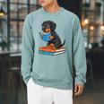 Dachshund Dog With Glasses Reading Book Librarian Raglan Sleeve Sweatshirt Cardinal