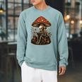 Floral Mushroom Skeleton Reading Books Gothic Humor Raglan Sleeve Sweatshirt Cardinal