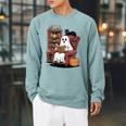 Ghost With Bookshelf Halloween Bookish Premium Tri-Blend Raglan Sleeve Sweatshirt Cardinal