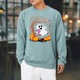 Ghost Reading Book On Swing Halloween Autumn Art Raglan Sleeve Sweatshirt Cardinal