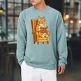 Ginger Tabby Cat Reading Book Glasses Retro Illustration Raglan Sleeve Sweatshirt Cardinal