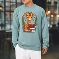 Giraffe Reading Book Graphic Giraffe With Book Floral Raglan Sleeve Sweatshirt Cardinal