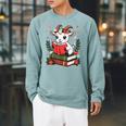 Goat Reading Book Graphic With Floral Raglan Sleeve Sweatshirt Cardinal