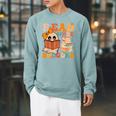 Groovy Booooks Ghost Read More Books Teacher Halloween Men Women Kids Raglan Sleeve Sweatshirt Cardinal