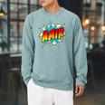 Kids Boys Amir Name Comic Book Superhero Raglan Sleeve Sweatshirt Cardinal
