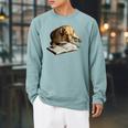 Labrador Retriever Dog Bookworm Reading Book Graphic Raglan Sleeve Sweatshirt Cardinal