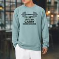 I Lift So I Can Carry More Books Gym Reader Raglan Sleeve Sweatshirt Cardinal