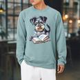 Nerdy Schnauzer Dog Book Lover Glasses Cute Pet For Men Women Kids Raglan Sleeve Sweatshirt Cardinal