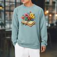 Open Book With Wildflowers Vintage Botanical Reading Raglan Sleeve Sweatshirt Cardinal
