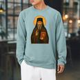 Orthodox Icon Of Seraphim Rose Holding The Holy Book Raglan Sleeve Sweatshirt Cardinal