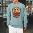 Owl Reading Book Graphic Owl With Book Floral Raglan Sleeve Sweatshirt Cardinal