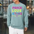 Peace Love Books Library Book Lover Raglan Sleeve Sweatshirt Cardinal