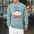 Reading Is Jawsome Bookworm Shark Book Lover For Kids Raglan Sleeve Sweatshirt Cardinal