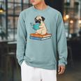Reading Pug Bookworm Cute Pug With Glasses Books Raglan Sleeve Sweatshirt Cardinal