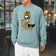 Skeleton Girl Drinking Coffee Bow Sunflower Book Lover Raglan Sleeve Sweatshirt Cardinal