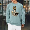 Skeleton Girl Drinking Coffee And Reading Book Raglan Sleeve Sweatshirt Cardinal
