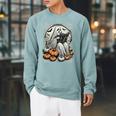 Vintage Ghost Reading Book Pumpkins Goth Halloween Teachers Raglan Sleeve Sweatshirt Cardinal