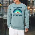 Vintage Retro Style Rainbow Take a Look It's In a Book Read Raglan Sleeve Sweatshirt Cardinal